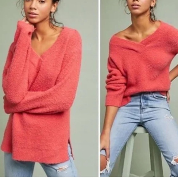 by Anthropologie oversized merino wool and alpaca blend dark coral V neck - Picture 2 of 10